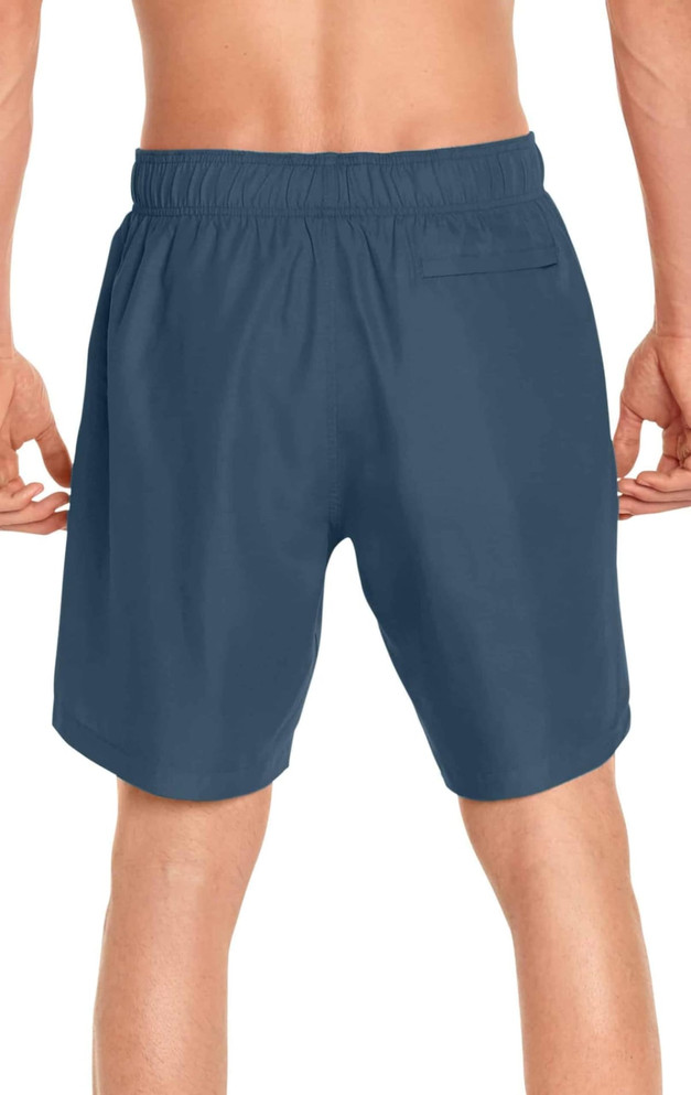 Men's volley swim trunks in navy blue with a back pocket and an elastic waistband, featuring a logo.
