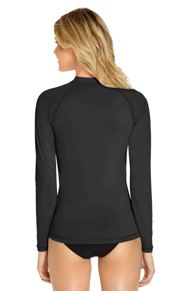 A black long sleeve rashie with a high neck, featuring a logo on the back.