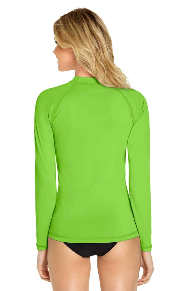 A long sleeve rashie in vibrant green with a fitted design and a back view. It features a logo on the sleeve.