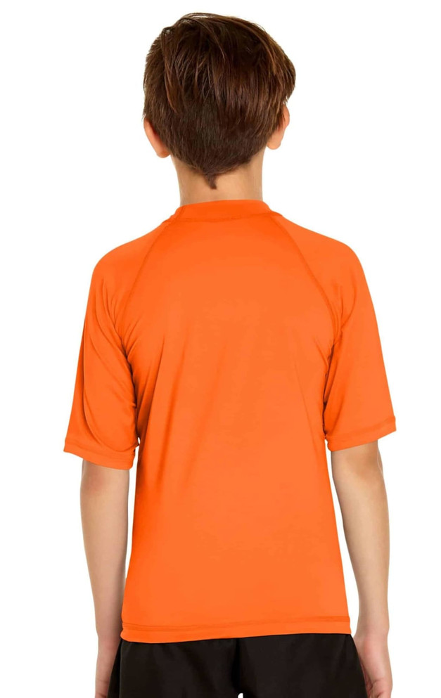 An orange short sleeve rashie designed for youth, featuring a smooth, lightweight fabric and a simple back design.