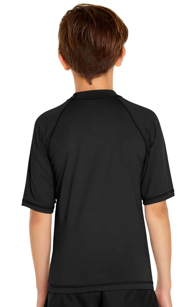 A black youth short sleeve rashie with a UPF 50+ rating, featuring a simple design and a logo.