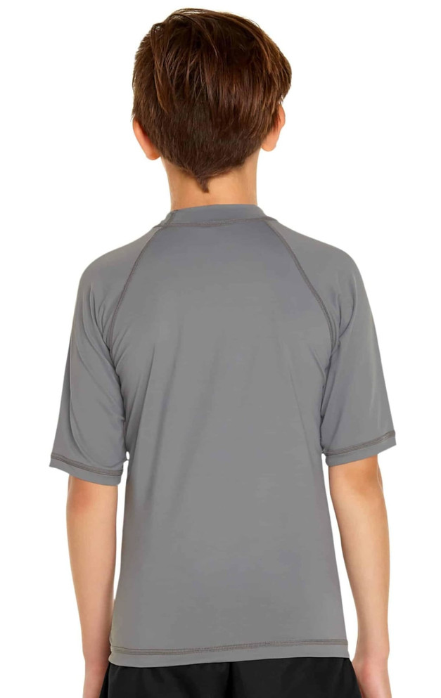 A youth short sleeve rashie in grey, featuring a logo, designed for UV protection.