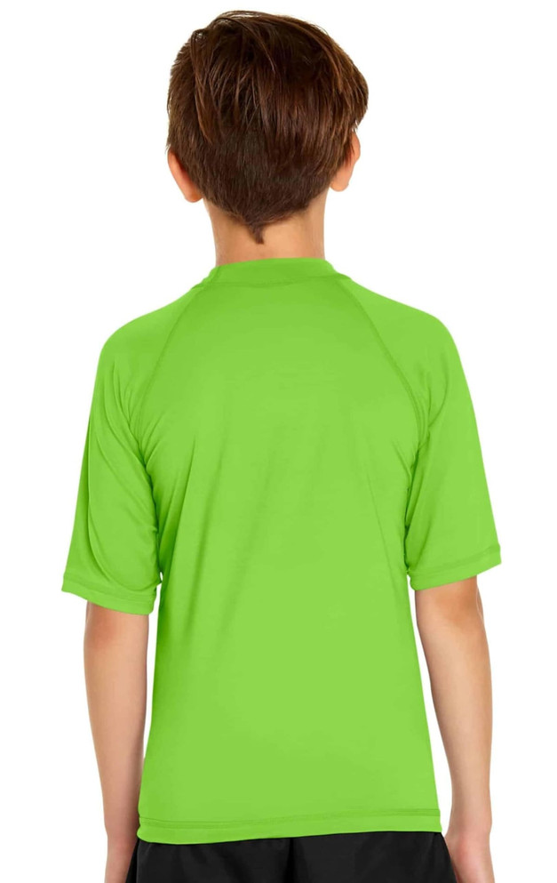 A bright green youth short sleeve rashie with a smooth finish, featuring a logo on the back.