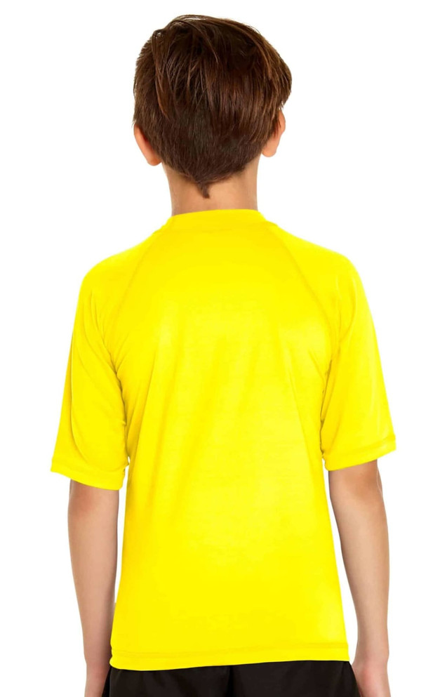 A yellow youth short sleeve rashie with UPF 50+, featuring a simple design and a logo on the back.