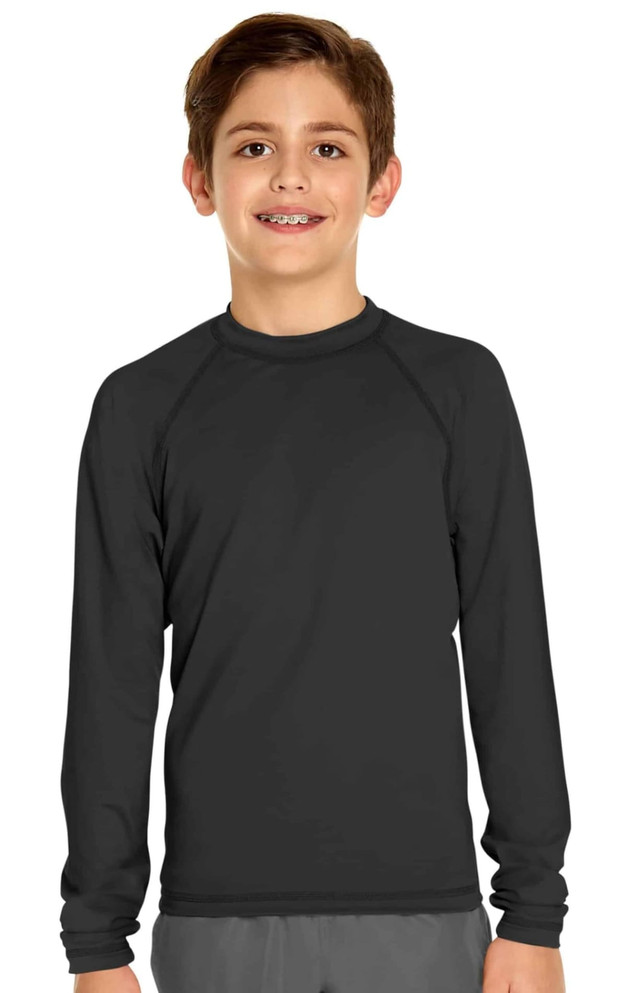 A youth long sleeve rashie in black, featuring a round neckline and raglan sleeves, with a logo on the chest.