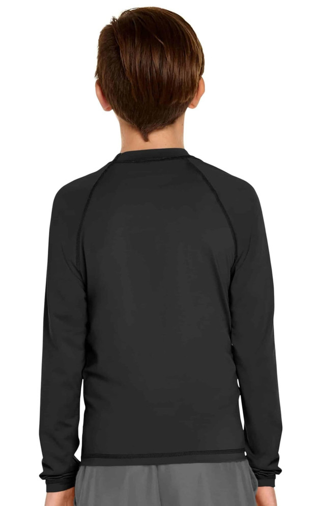 A youth long sleeve rashie in black, featuring a fitted design and a round neckline, with a logo on the back.