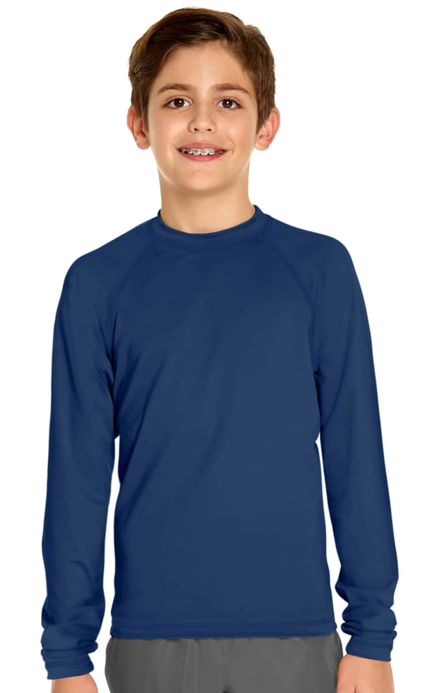A long sleeve rashie in navy blue for youth, featuring a round neckline and a logo.