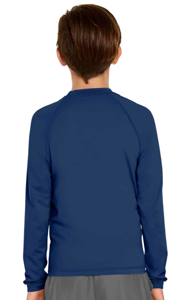 A long sleeve rashie in navy blue with a simple design, featuring a logo on the back.