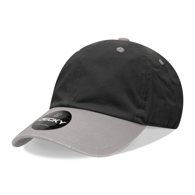 A black and grey six-panel low profile relaxed dad hat with a logo on the front.