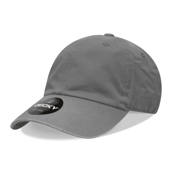 A grey six-panel low profile relaxed dad hat with a circular logo tag on the brim.