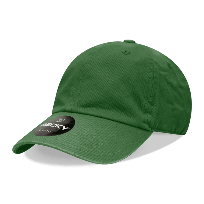 A green 6 panel low profile relaxed dad hat with a branded tag on the side.