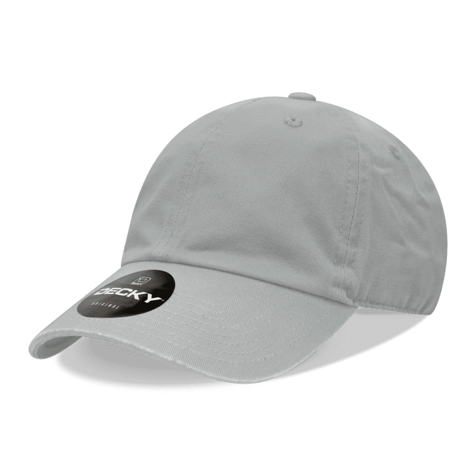 A light grey 6 panel low profile relaxed dad hat with a circular logo on the front.