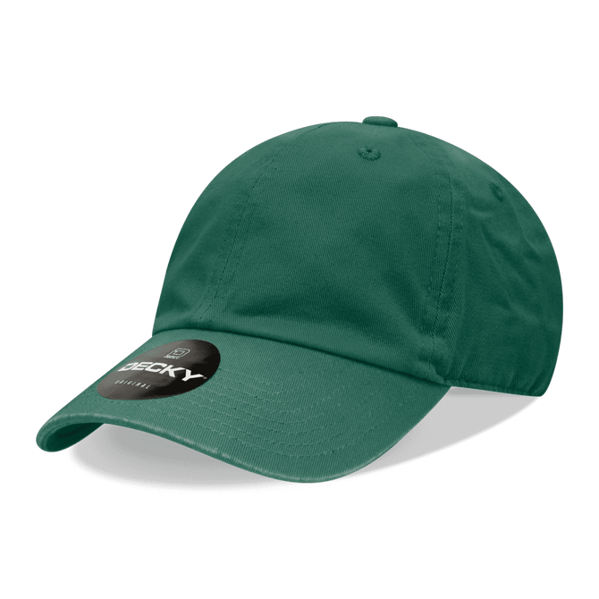 A green 6 panel low profile relaxed dad hat with a curved brim and a logo on the side.