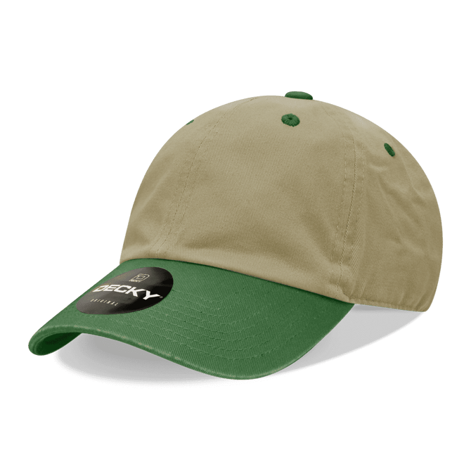 A low-profile, relaxed dad hat in khaki with a green peak and a logo on the side.