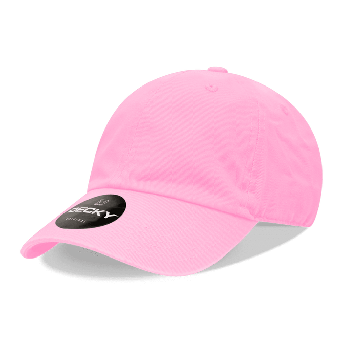 A pink 6 panel low profile relaxed dad hat with a circular logo on the front.