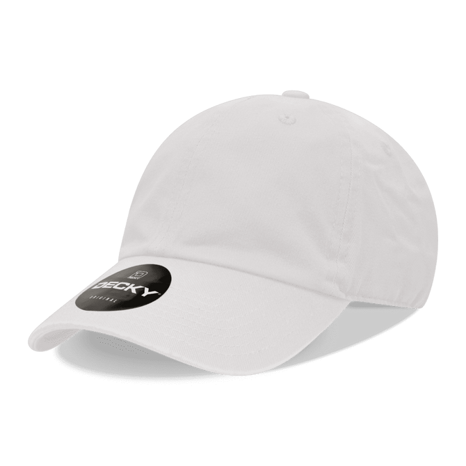 A white six-panel low profile relaxed dad hat with a brand logo on the front.