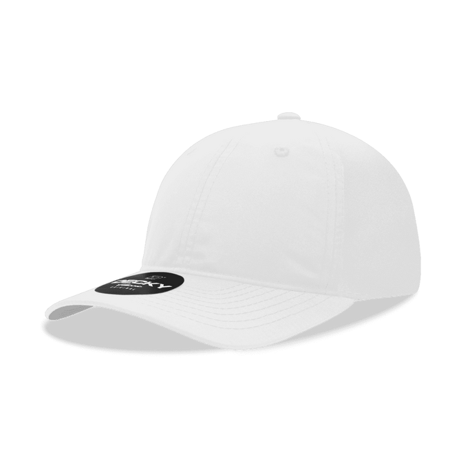 A white 6-panel low profile relaxed dad hat with a curved brim and a logo on the front.