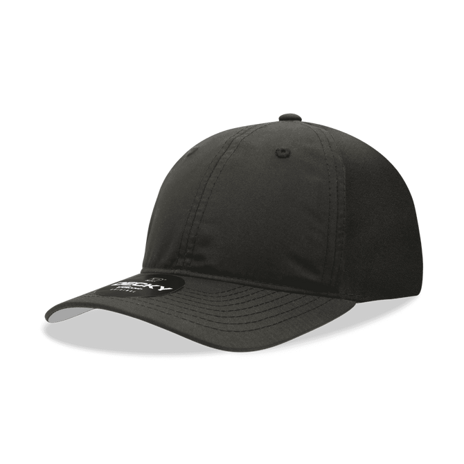 A black six-panel low profile relaxed dad hat with a branded logo on the front.