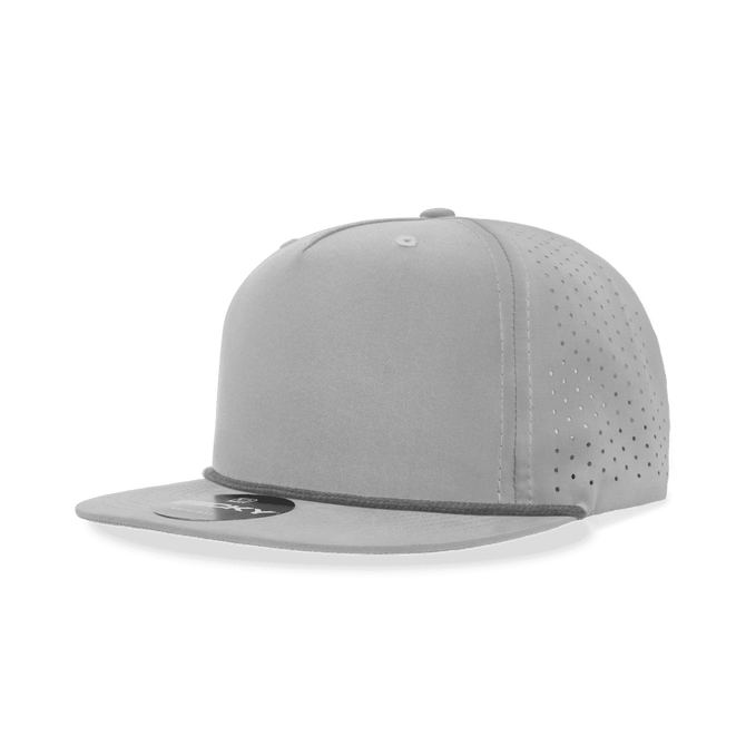 A grey 5 Panel High Profile Relaxed Perforated Rope Hat with a flat brim and a logo.