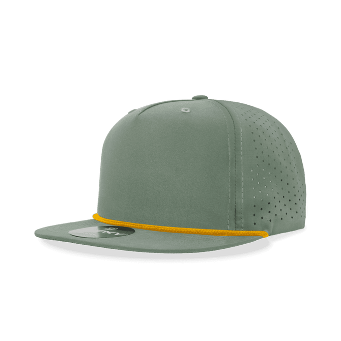 A high-profile relaxed perforated rope hat in olive green with an orange rope detail and a logo on the front.