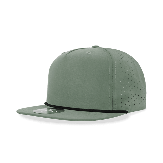 A high-profile, relaxed green hat featuring perforations and a contrasting black rope detail along the brim.