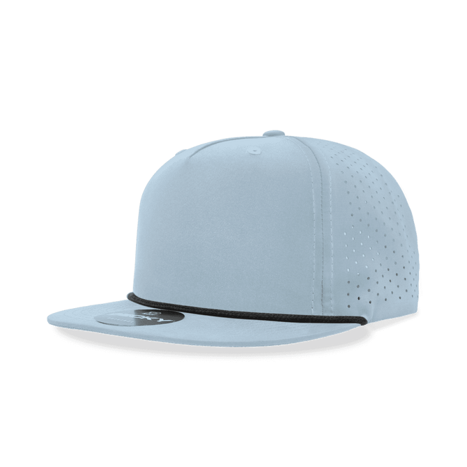 A light blue 5 panel high profile relaxed hat with perforations and a black rope detail. It features a logo.
