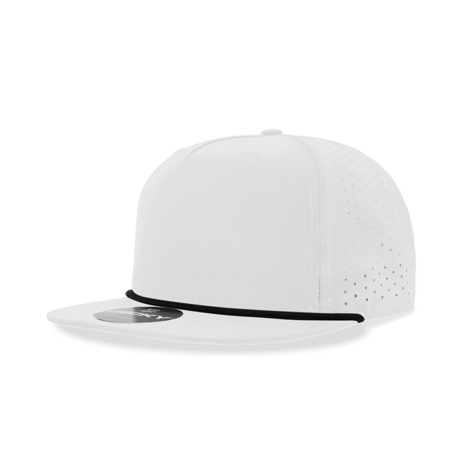 A white 5 panel high profile relaxed hat with perforated detailing and a black trim. It features a logo on the front.