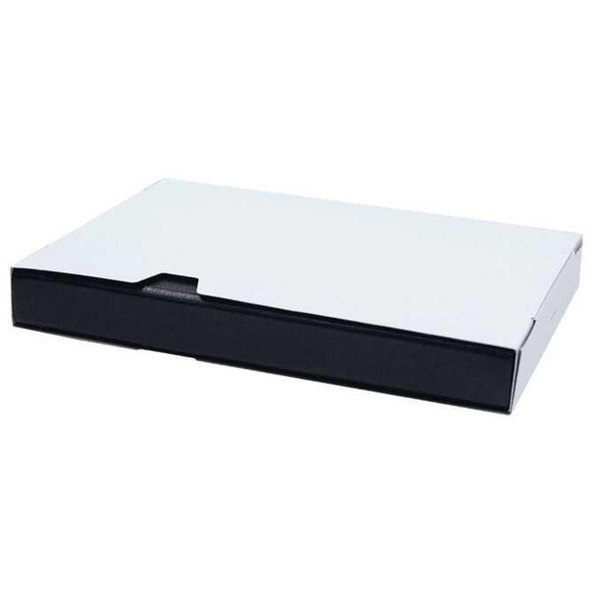 A flat black and white box with a sliding cover. The box is rectangular and has a sleek design.