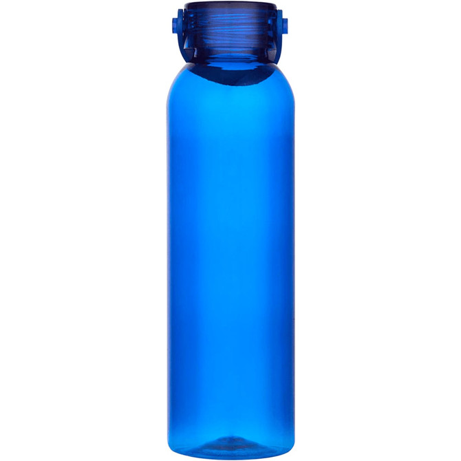 A drink bottle made from recycled plastic, featuring a vibrant blue body and a secure lid.