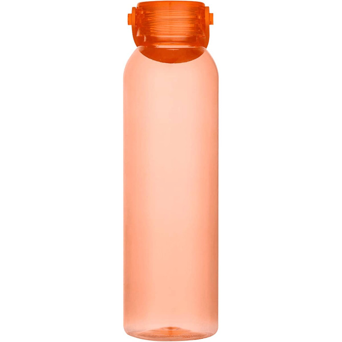 An orange water bottle made from recycled plastic, featuring a secure lid and a sleek design.