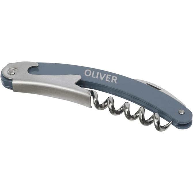 A grey and silver waitress knife featuring a corkscrew and a knife blade, with a logo on the handle.