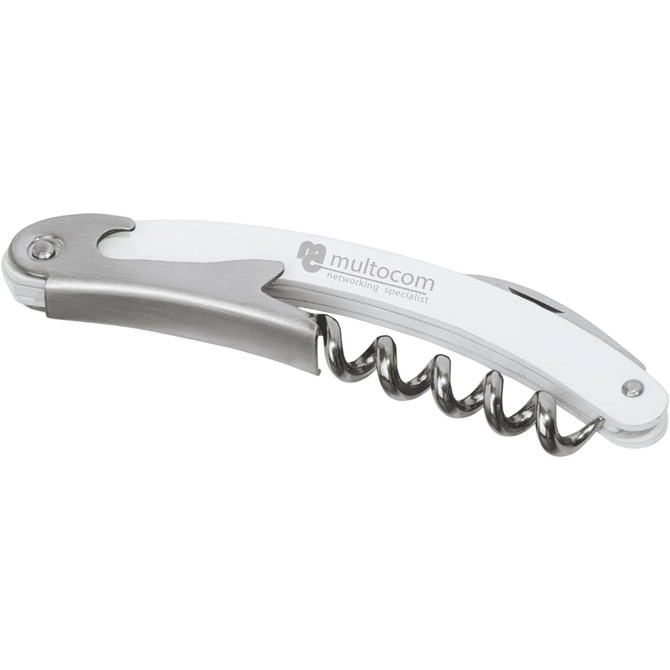 A white and silver waitress knife with a corkscrew and a bottle opener. Includes branding.