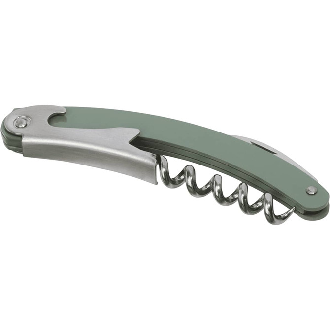 A green waitress knife with a stainless steel corkscrew and a lever for opening bottles. It has a sleek design and a brand logo.