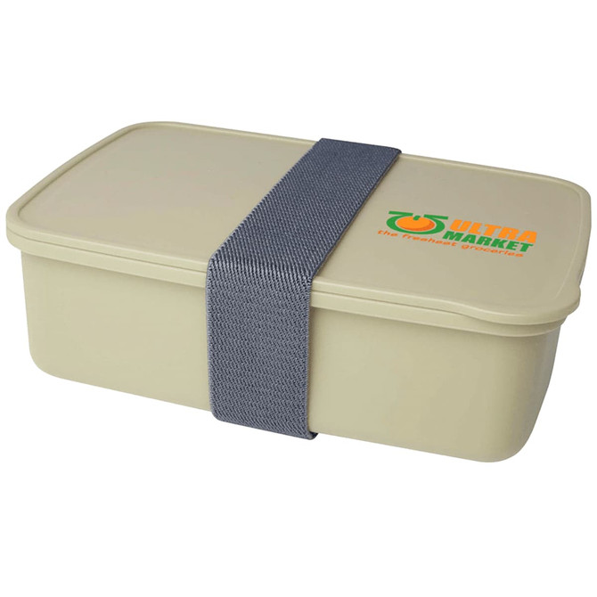 A beige lunch box with a grey elastic strap and a logo on the lid. Ample capacity for food storage.