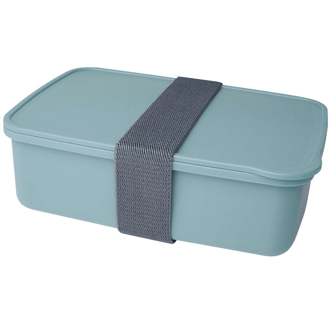A lunch box in a soft blue colour, featuring a grey elastic band for secure closure and a simple design.