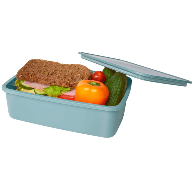 A light blue lunch box containing a sandwich, cucumber, cherry tomatoes, and a bell pepper. It has a lid and a logo.