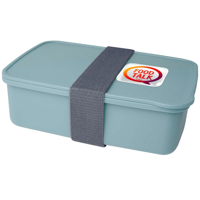 A lunch box in a muted blue colour, featuring a grey strap and a small logo on the lid.
