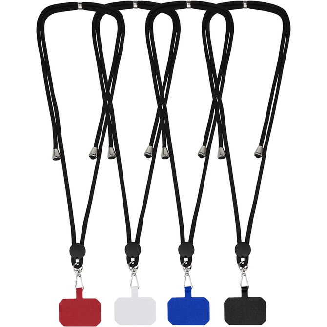 A series of phone lanyards in red, white, blue, and black, each featuring a badge holder.