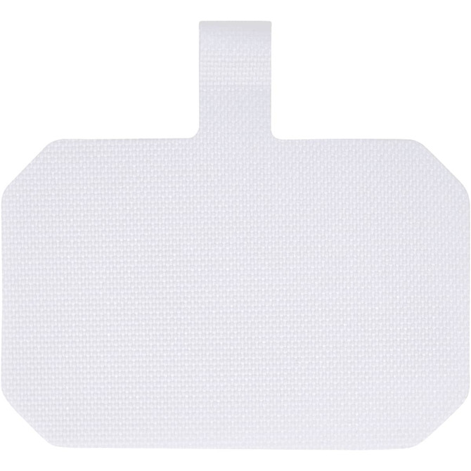A white lanyard with a rectangular attachment, featuring a textured surface and a hanging loop.