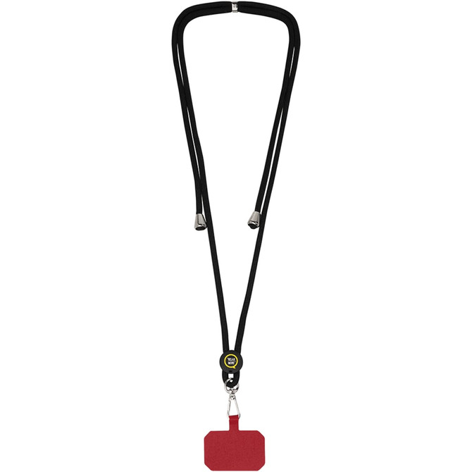 A black phone lanyard with a red attachment at the bottom and a circular clasp in the centre.