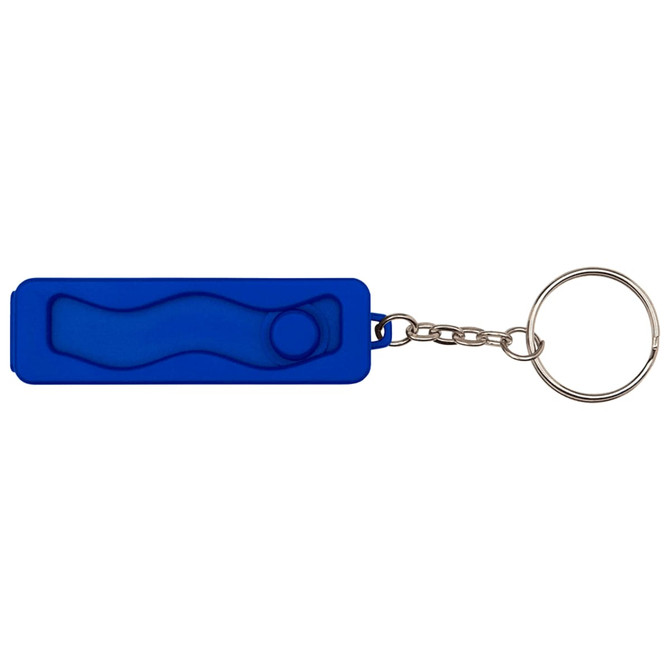 A blue keychain fidget toy with a smooth surface and a button, attached to a metal ring.