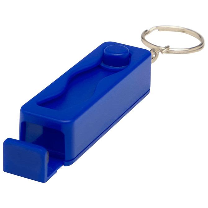 A blue plastic phone stand with a fidget toy attached, featuring a keyring for easy carrying.