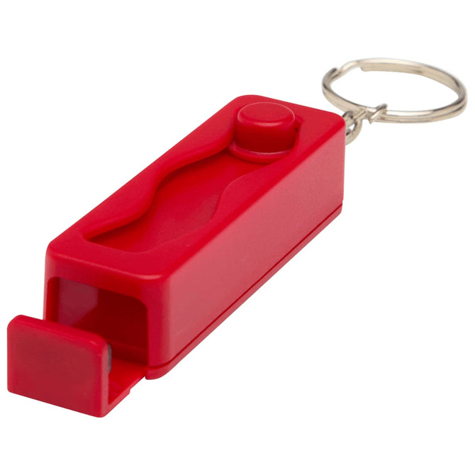 A red recycled plastic phone stand with a fidget toy attachment, featuring a keychain for easy carrying.