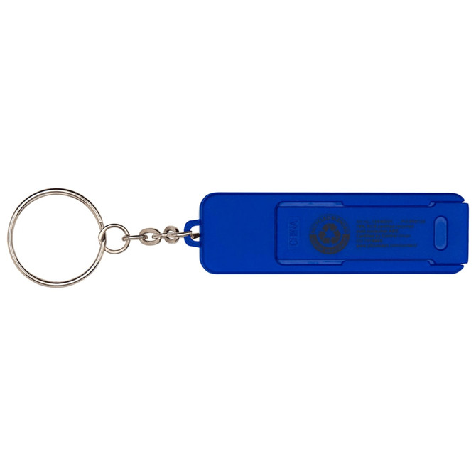 A blue keychain with a fidget toy attached, featuring a circular logo and a simple design.
