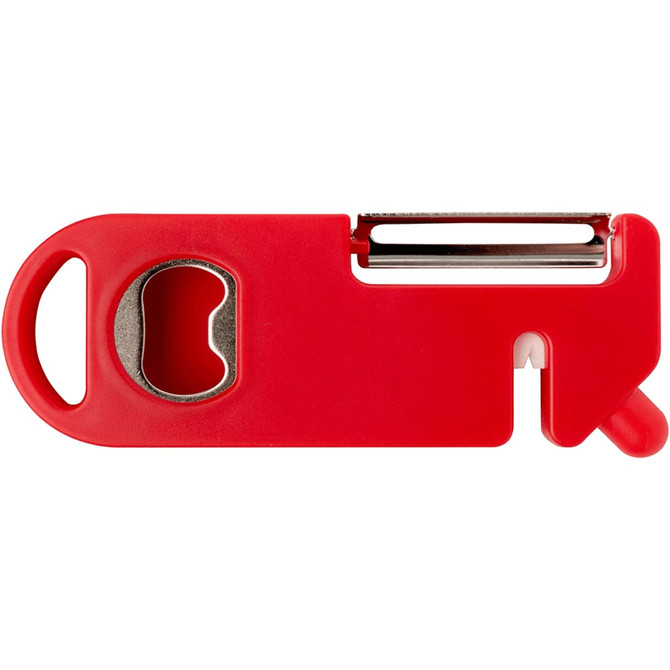A red multi-purpose kitchen tool featuring a peeler, bottle opener, and a small tip for various functions.