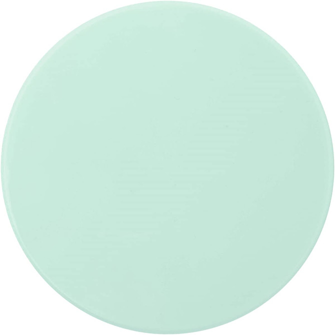 A round mint green makeup mirror with a smooth surface. It features a simple design and has a branding logo.