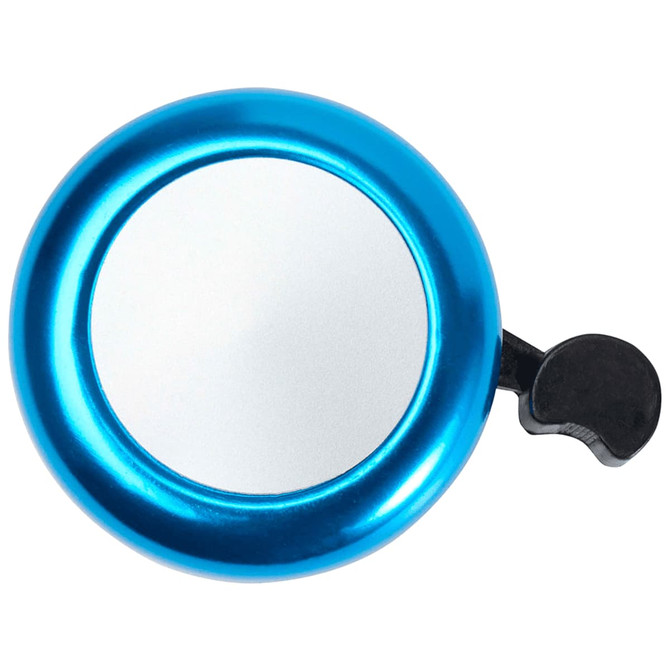 A blue bicycle bell with a shiny metallic finish and a black lever for ringing. It features a branding logo.