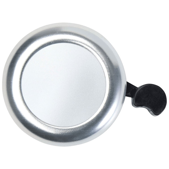 A silver bicycle bell with a black lever, featuring a circular design and a smooth finish.