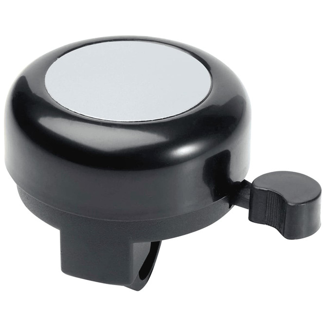 A black bicycle bell with a shiny silver top and a small lever for ringing. It features a branding logo.