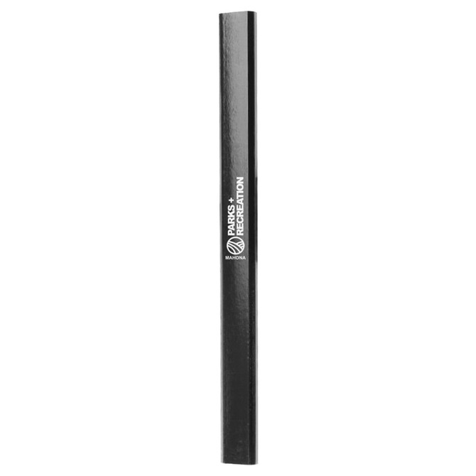 A black pencil featuring a logo and structured for writing.